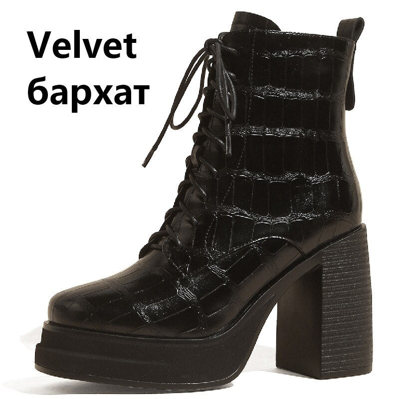 Women Ankle Boots Retro Fashion Office Ladies Chunk Platforms Thick High Heels Genuine Leather Shoes Autumn Winter