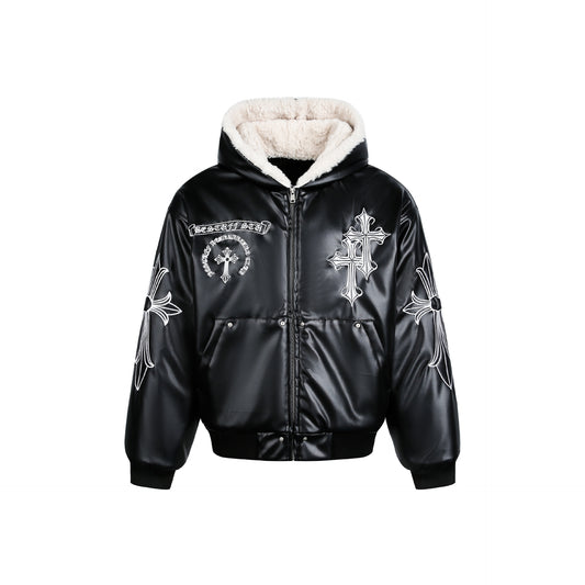 Motorcycle style cross leather jacket cotton coat