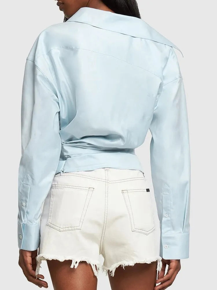 Solid Casual Patchwork Button Blouse For Women Lapel Long Sleeve Irregular Designer Blouses Female Fashion Style
