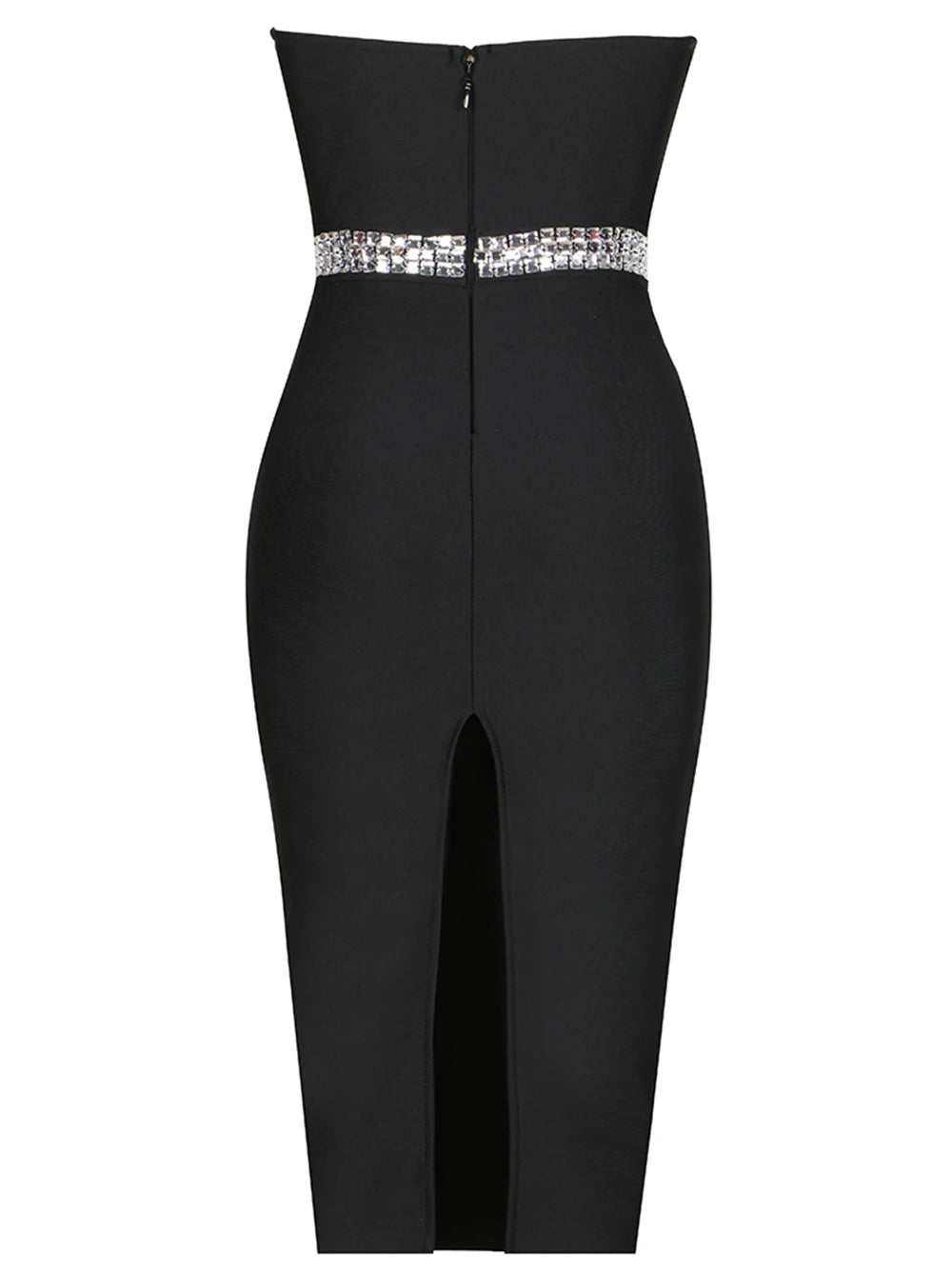 Knitted black strapless beaded evening dress with bandages and backless dress