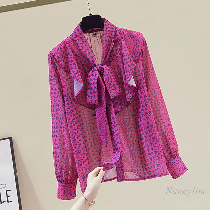 Women's Clothing Elegant Bow Tied Ruffled Chiffon Shirt Blouses Long Sleeve All-Match Tops Lady Spring Autumn