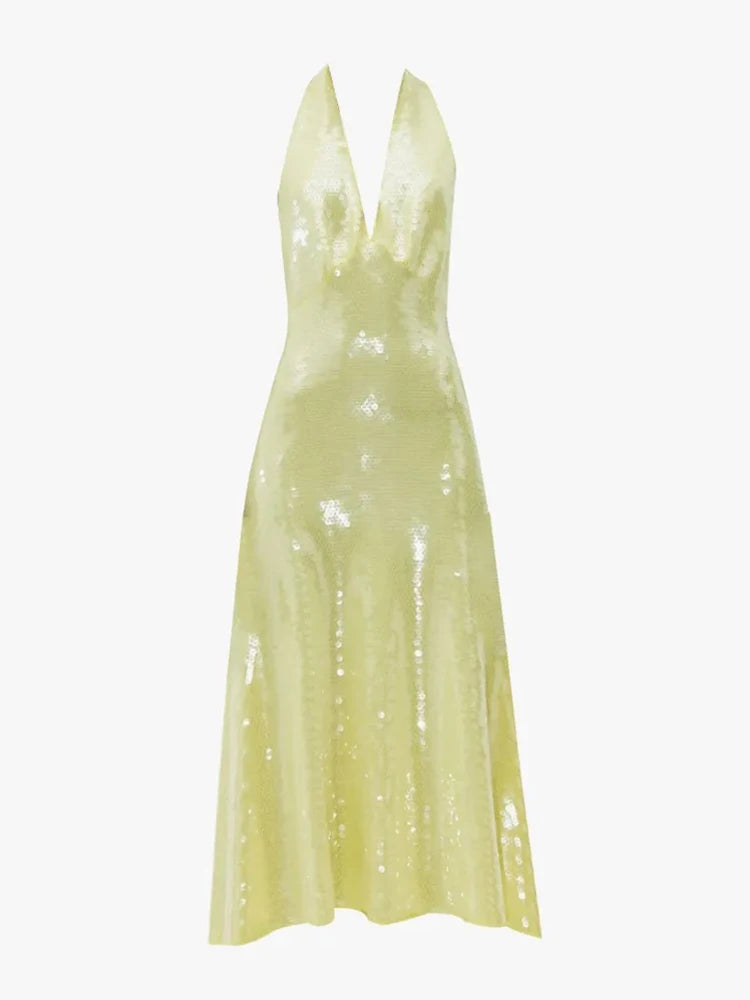 Fashion Women's Dress Hatler Sleeveless Lemon Yellow Sequin High Waist Backless Mid-calf Dresses Autumn  New