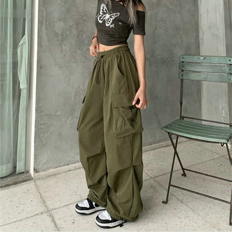 Women Casual Cargo Pant Solid Low Waist Drawstring Big Pockets Wide