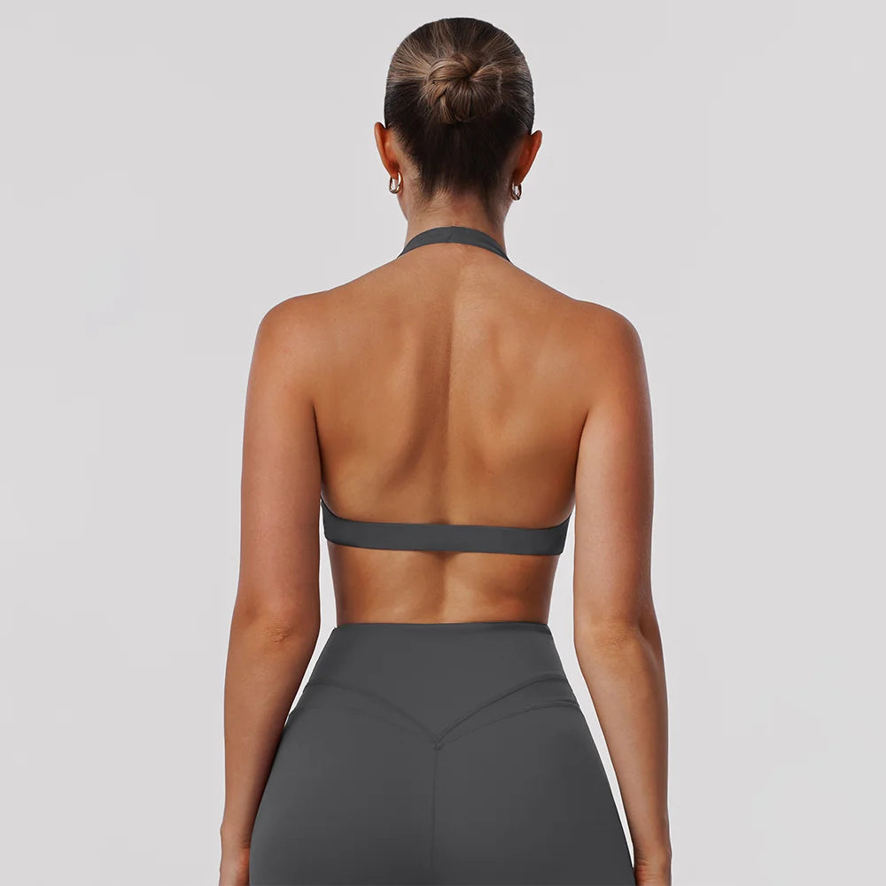 Women Fitness Gym Bra Twist Halter Backless Training Top Wear V-Neck