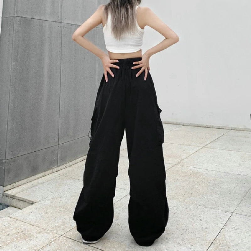Women Casual Cargo Pant Solid Low Waist Drawstring Big Pockets Wide