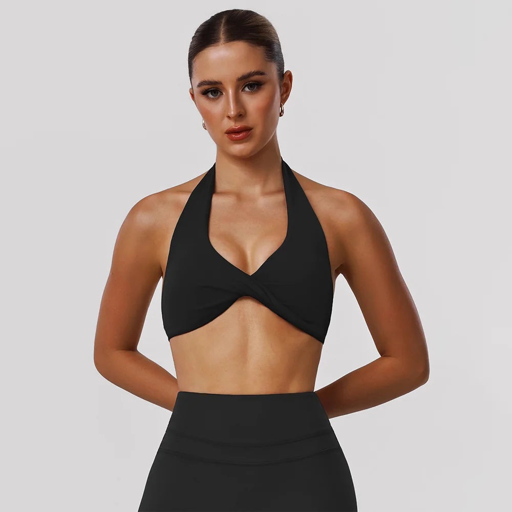 Women Fitness Gym Bra Twist Halter Backless Training Top Wear V-Neck