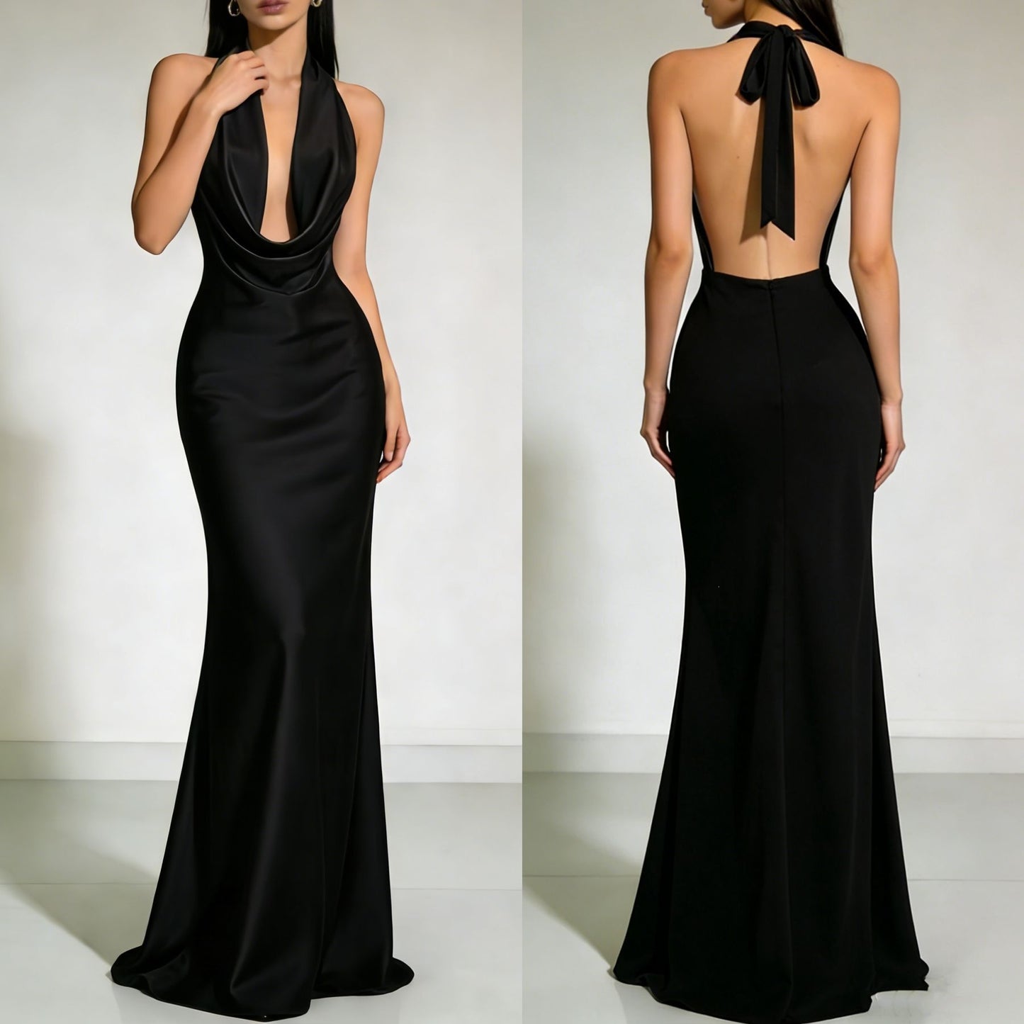 Solid color Strapless  Backless  Satin Evening dress Long dress