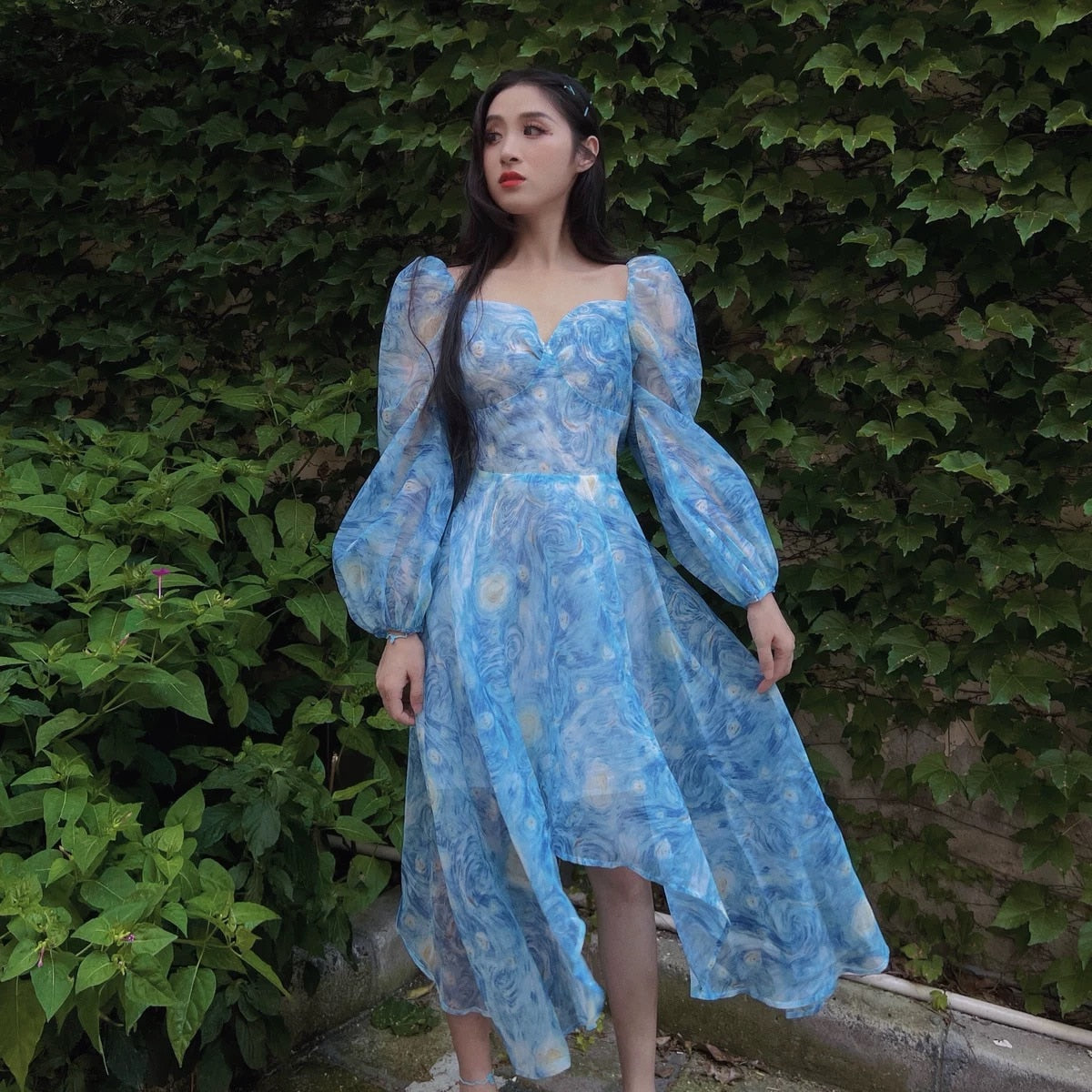 Light Blue Van Gogh's Starry Sky Pattern Sweetheart Collar Lanter Sleeve Asymmetrical Chiffon Dresses