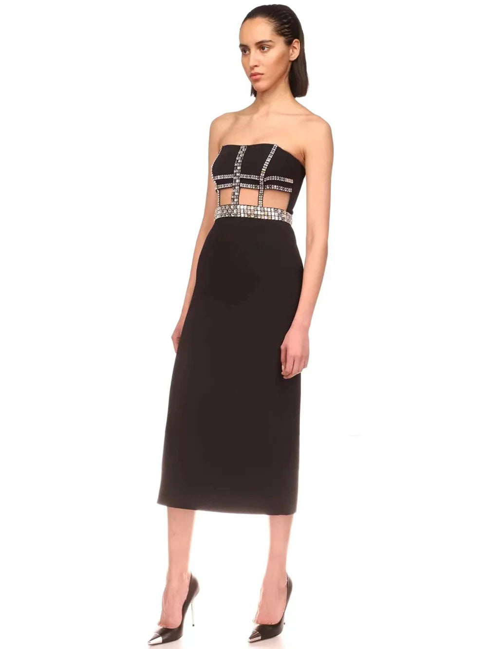 Knitted black strapless beaded evening dress with bandages and backless dress