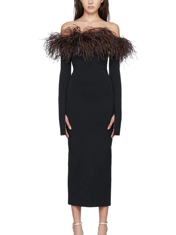 DEAT New Women's Patchwork Feather Fashion Suspender Dress Zipper Slim Long Sleeve Sexy Strapless Dresses  Spring 13DB51