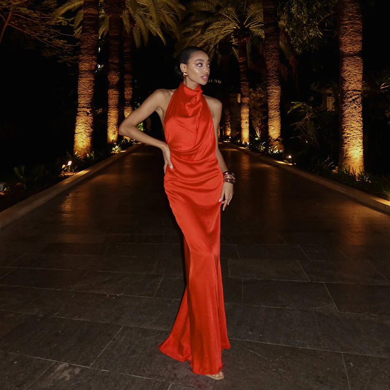 Halter Neck Satin Sexy Backless Evening Dress Women's Long Gown