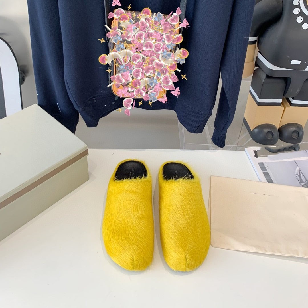 Shoes For Women Long Horse Hair Black Fuchsia Designer Luxury Fur Slippers Leather Casual