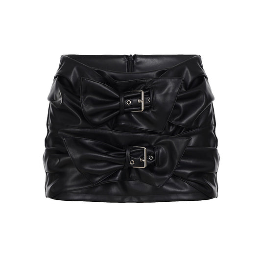 Bow metal buckle leather short skirt