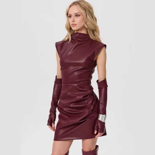 Sleeveless detachable sleeve cover PU leather skirt