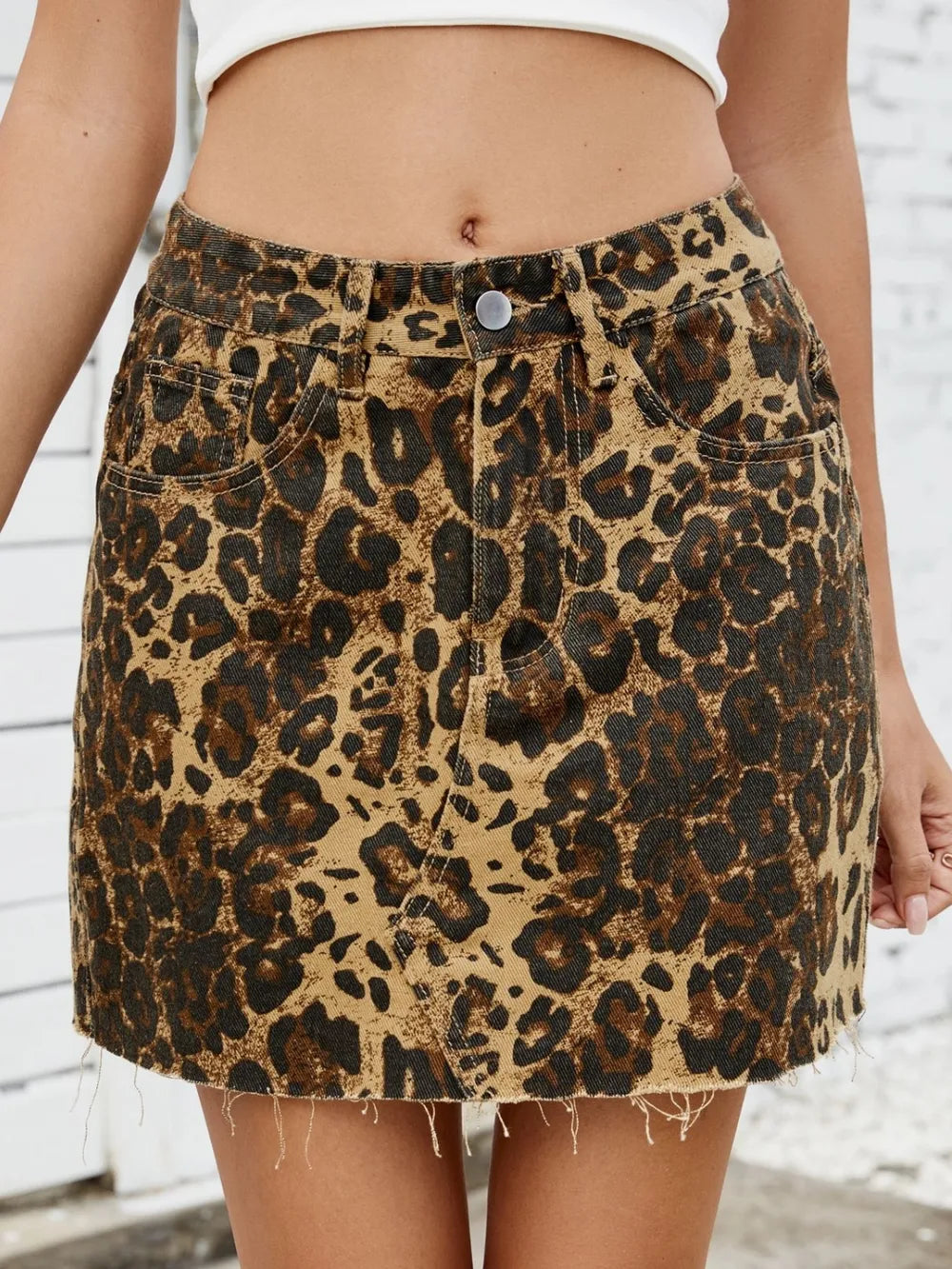 Hem Leopard Denim Skirt