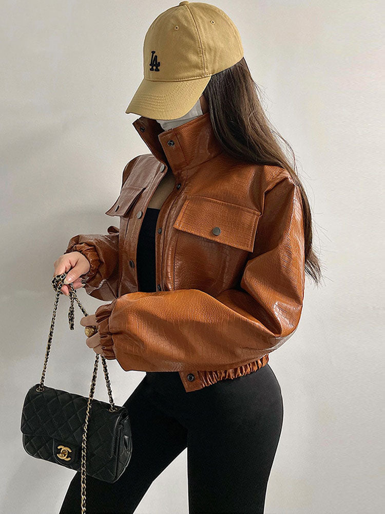 Lautaro Spring Autumn Short Cool Oversized Crocodile Print Faux Leather Jacket Women Button Up European Fashion Streetwear