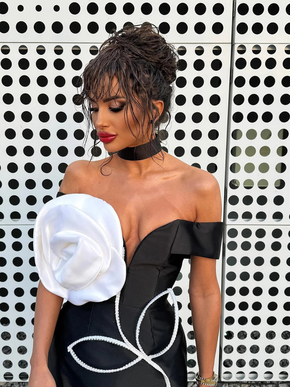Sexy Off Shoulder 3D Flower Bandage Mini Dress Women Black Bodycon Short Dresses Fashion Cocktail Party Club Lady Vestido
