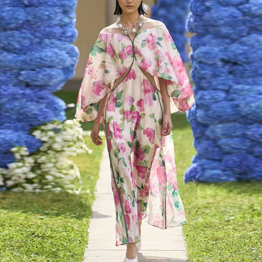 Hit Color Floral Printing Loose Casual Dress For Women V Neck Long Sleeve High Waist Split Loose Dresses Female Fashion New