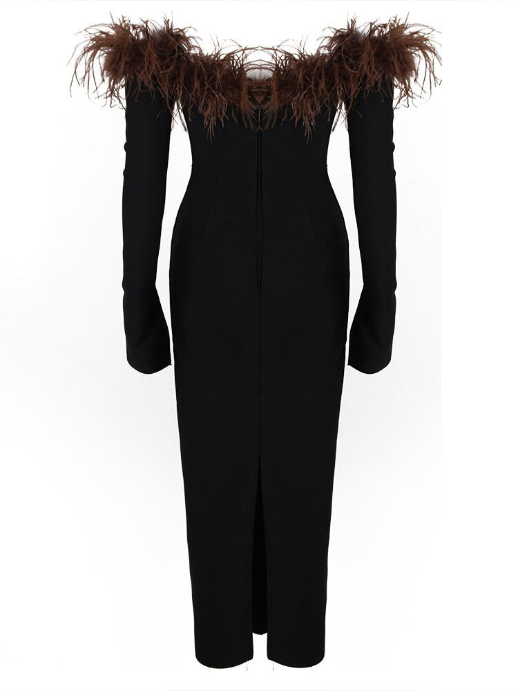 DEAT New Women's Patchwork Feather Fashion Suspender Dress Zipper Slim Long Sleeve Sexy Strapless Dresses  Spring 13DB51