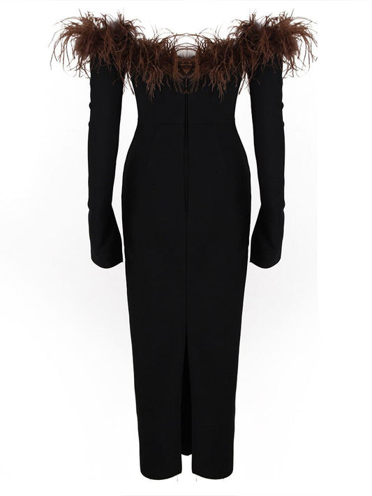 DEAT New Women's Patchwork Feather Fashion Suspender Dress Zipper Slim Long Sleeve Sexy Strapless Dresses  Spring 13DB51