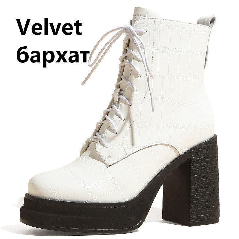 Women Ankle Boots Retro Fashion Office Ladies Chunk Platforms Thick High Heels Genuine Leather Shoes Autumn Winter