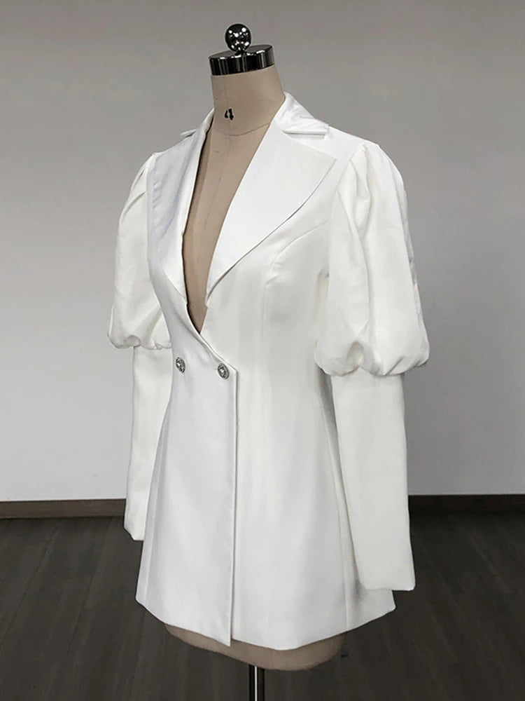 Spliced Button Solid Dresses For Women V Neck Lantern Sleeve Tunic Temperament Chic Elegant Dress Female Fashion