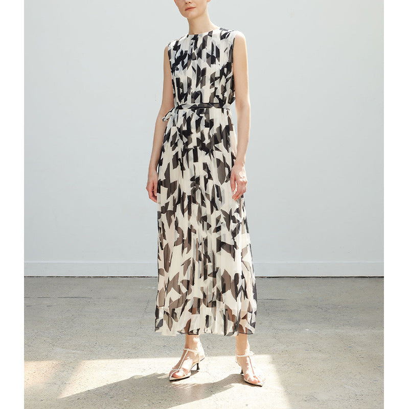 Vintage Salt-Style Elegant Piano Pleat Printed Unique Sleeveless Dress