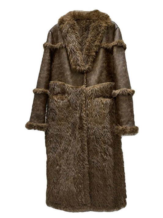 Trendy Fashion Women's Faux Fur Plush Spliced Leather Coat  Winter New Items Long Sleeves Trench Jacket Female