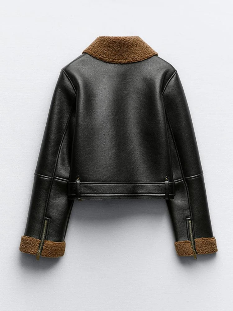 New Autumn Winter Women Streetwear Suede Lambs Moto Biker Short Coat Lady Vintage Fashion Faux Leather Lamb Fur Jacket