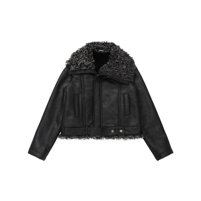Collar Turn-Down Lapel Biker Leather Jacket with Lining Women's Thick Warm Coat