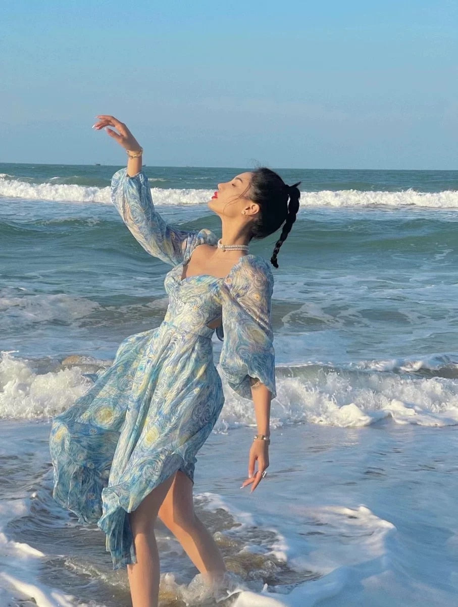Light Blue Van Gogh's Starry Sky Pattern Sweetheart Collar Lanter Sleeve Asymmetrical Chiffon Dresses