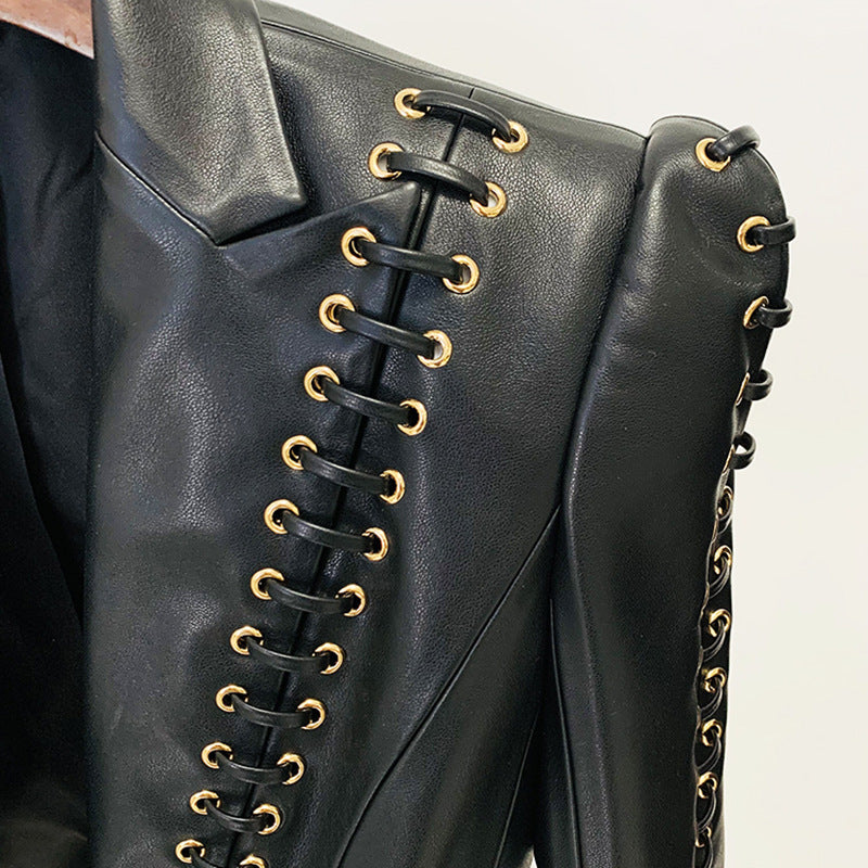 European and American celebrity fashion heavy industry chicken eye tie rope slim fit leather jacket suit jacket jacket