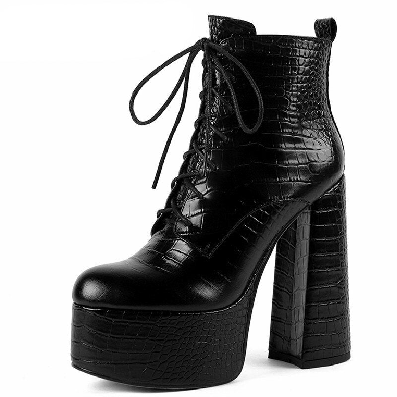 Elegant Mature Women Ankle Boots Cross-Tied Platforms Genuine Leather High Heels Party Office Autumn Winter Shoes