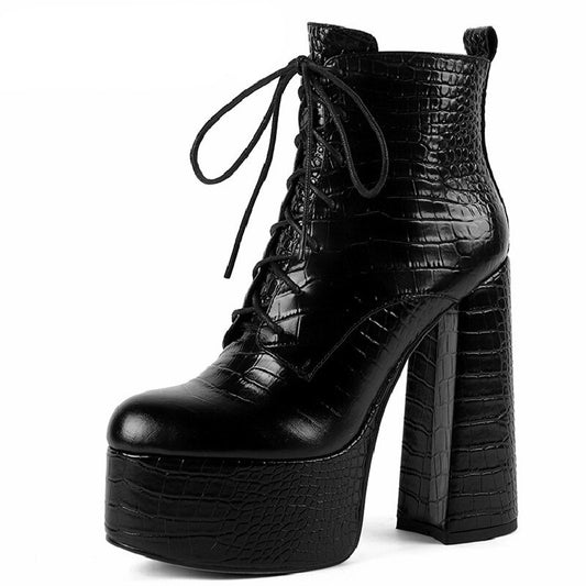 Elegant Mature Women Ankle Boots Cross-Tied Platforms Genuine Leather High Heels Party Office Autumn Winter Shoes