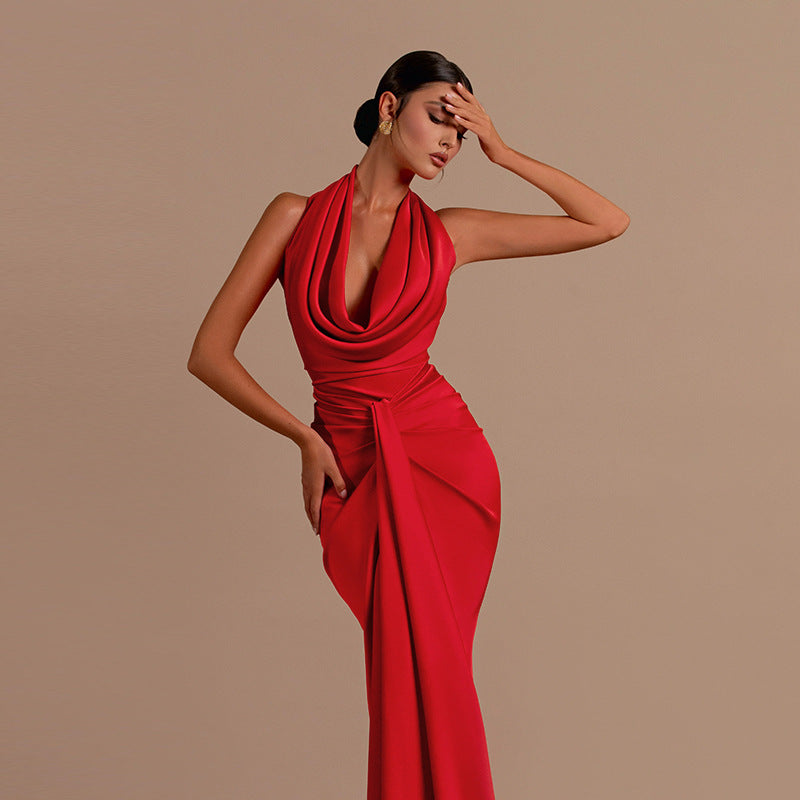 Backless Halter Neck Satin Evening Dress Women's Long Dress