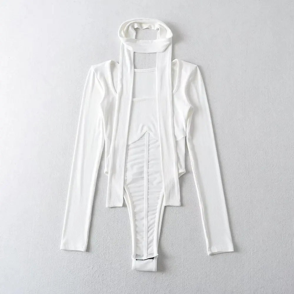 Mesh White bodysuit With Scarf