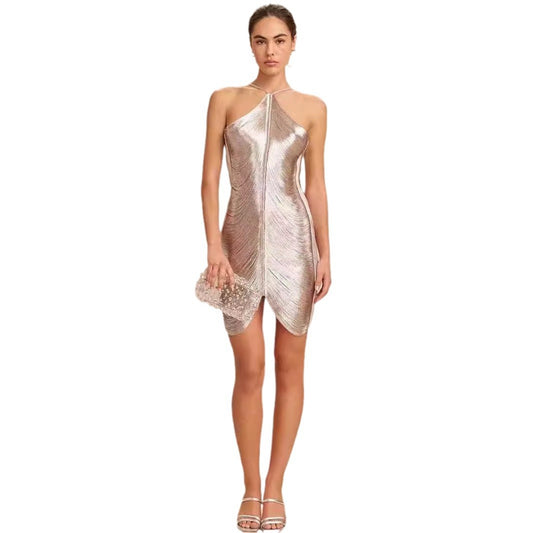 Shiny Metallic Halter Slim Mini Dress For Women Female Sleeveless Backless Bodycon Vestidos Ladies Party Club Evening Robes