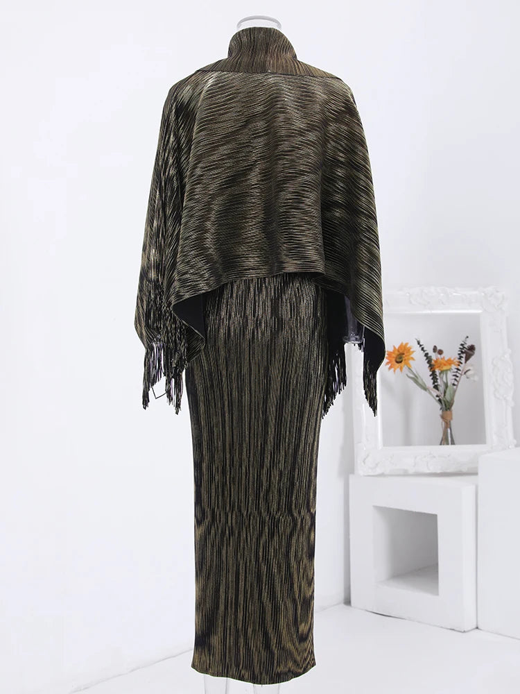 High End Pleated 2 Piece Set Women Tassel Irregular Shawl Sleeveless Long Dresses Elegant Party  Spring New