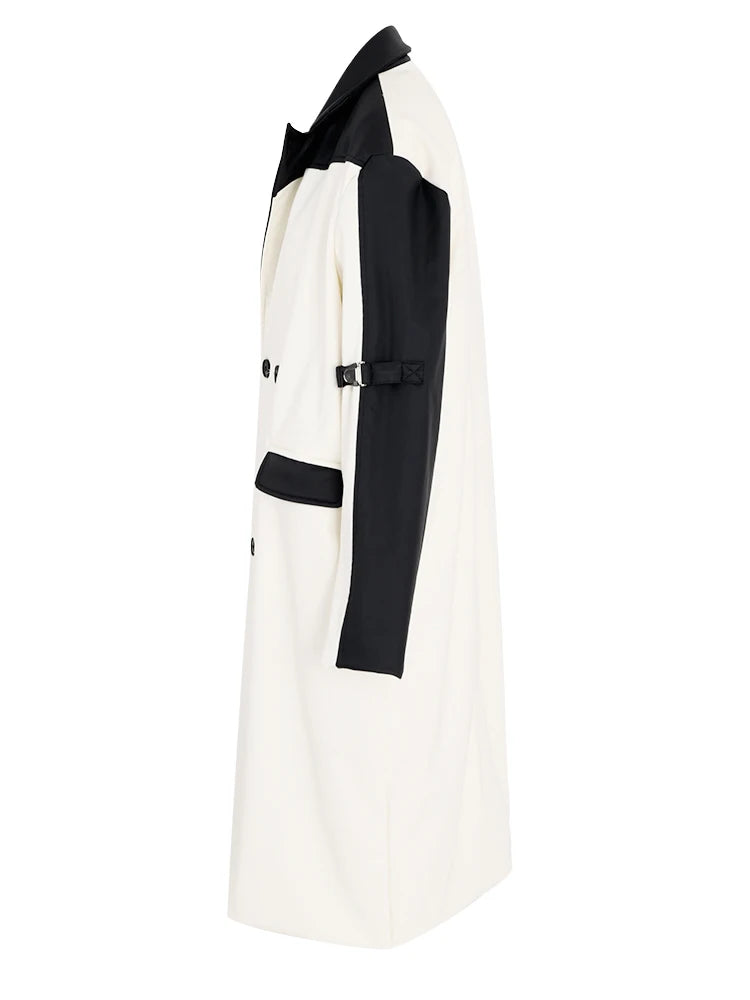 Women White Color-block Big Size Leather Trench New Lapel Long Sleeve Windbreaker Fashion Tide Spring Autumn