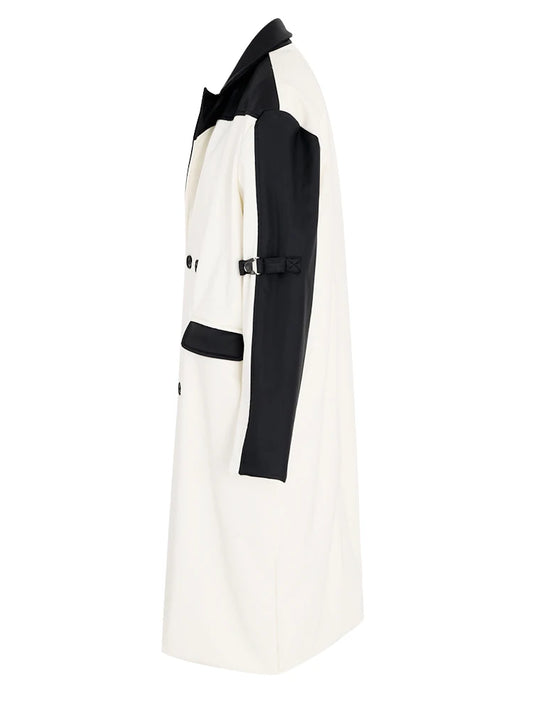 Women White Color-block Big Size Leather Trench New Lapel Long Sleeve Windbreaker Fashion Tide Spring Autumn