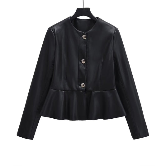 Elegant waist cinching slimming skirt leather jacket