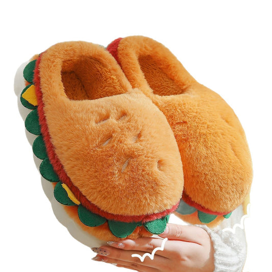 Cartoon Hamburger Cotton Shoes Women Winter New Cute Outdoor Wear Warm Home Slip-Resistant Fleece-Lined Thick Soft Sole Cotton Slippers