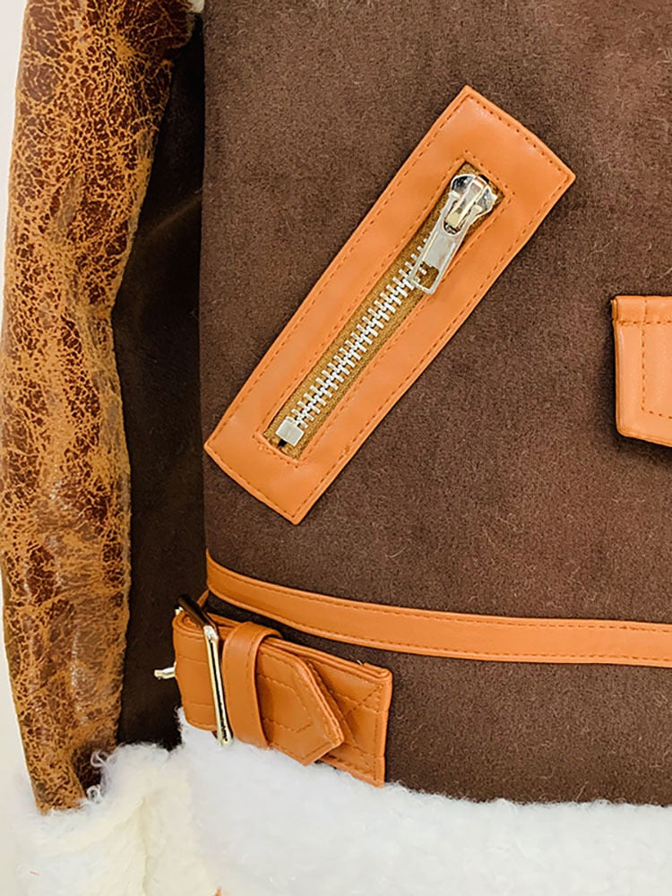 Fashion Women's Deerskin Suede Panel Cropped Jackets Lapel Diagonal Zipper Thick Lamb Wool Coat Winter New