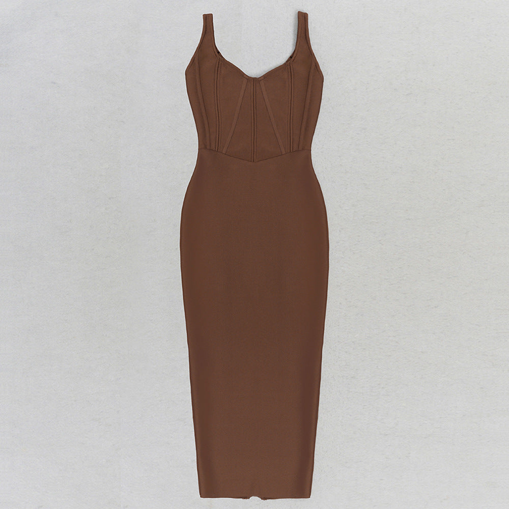 Sexy Spaghetti Straps Brown Women Bandage Dresses Summer Elegant Sleeveless Corsets Bodycoon Runway Evening Party Long Dress