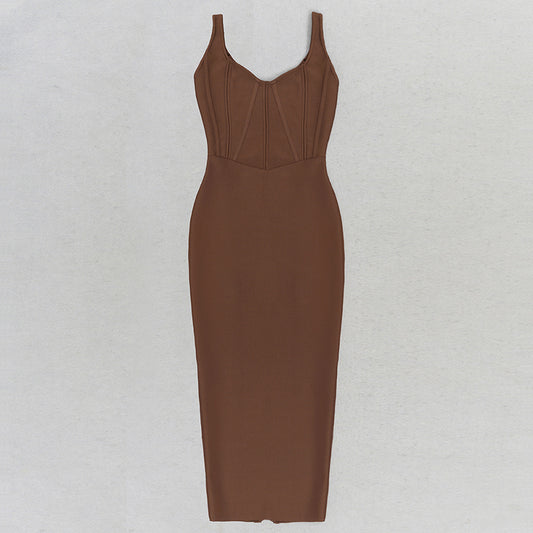Sexy Spaghetti Straps Brown Women Bandage Dresses Summer Elegant Sleeveless Corsets Bodycoon Runway Evening Party Long Dress