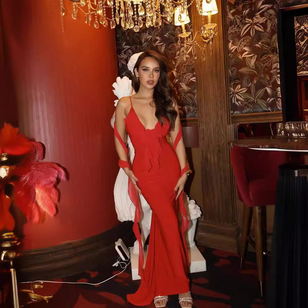 Dress V-neck backless slim fit shoulder strap fishtail evening gown