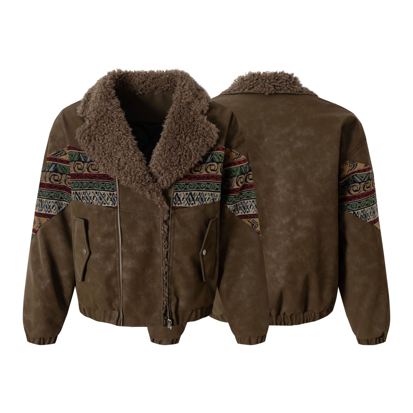 Retro ethnic style woven belt splicing PU leather jacket cotton jacket
