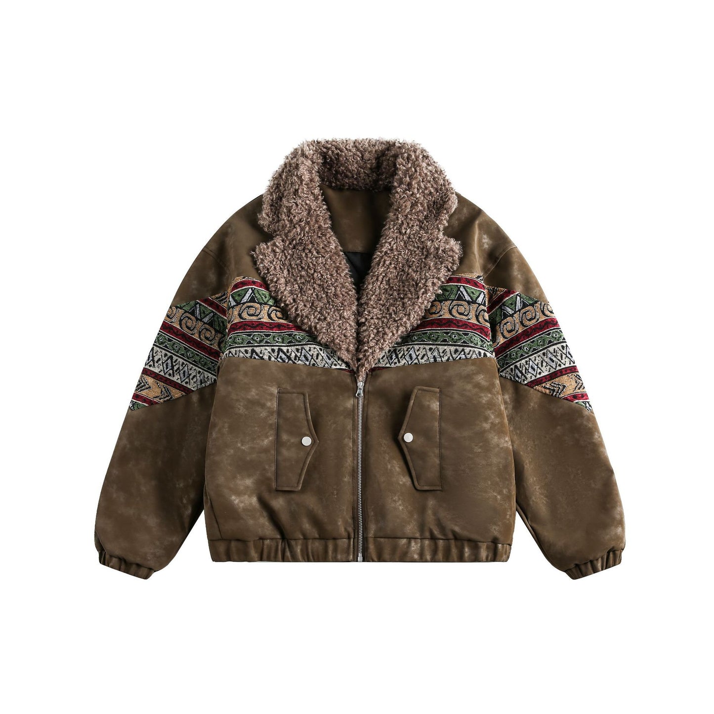 Retro ethnic style woven belt splicing PU leather jacket cotton jacket