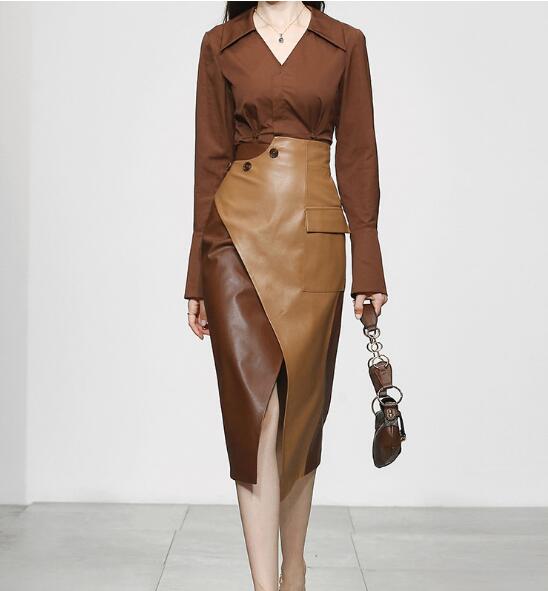 Two-Piece Brown Leather Skirt
