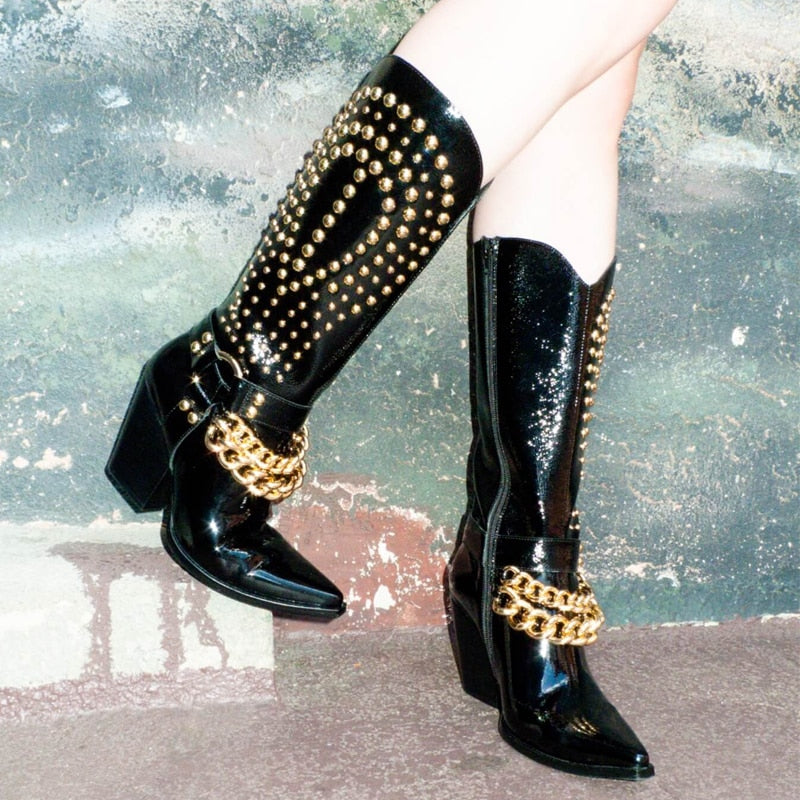 New Punk style western cowboy boots Women's Shoes Thick heel tip Rivet belt buckle Black Patent leather Plus Size